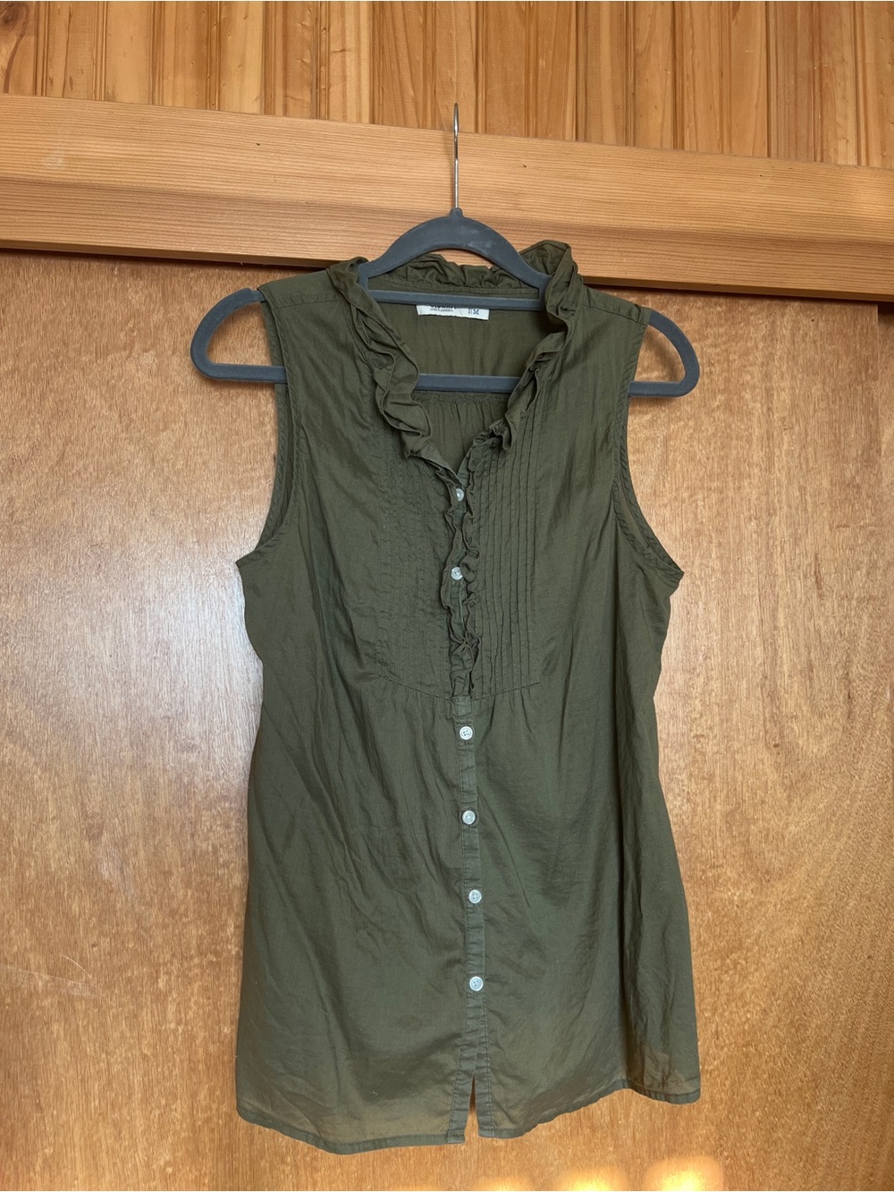 Sleeveless Ruffle Blouse -size Medium-  Button Up Olive Green Top